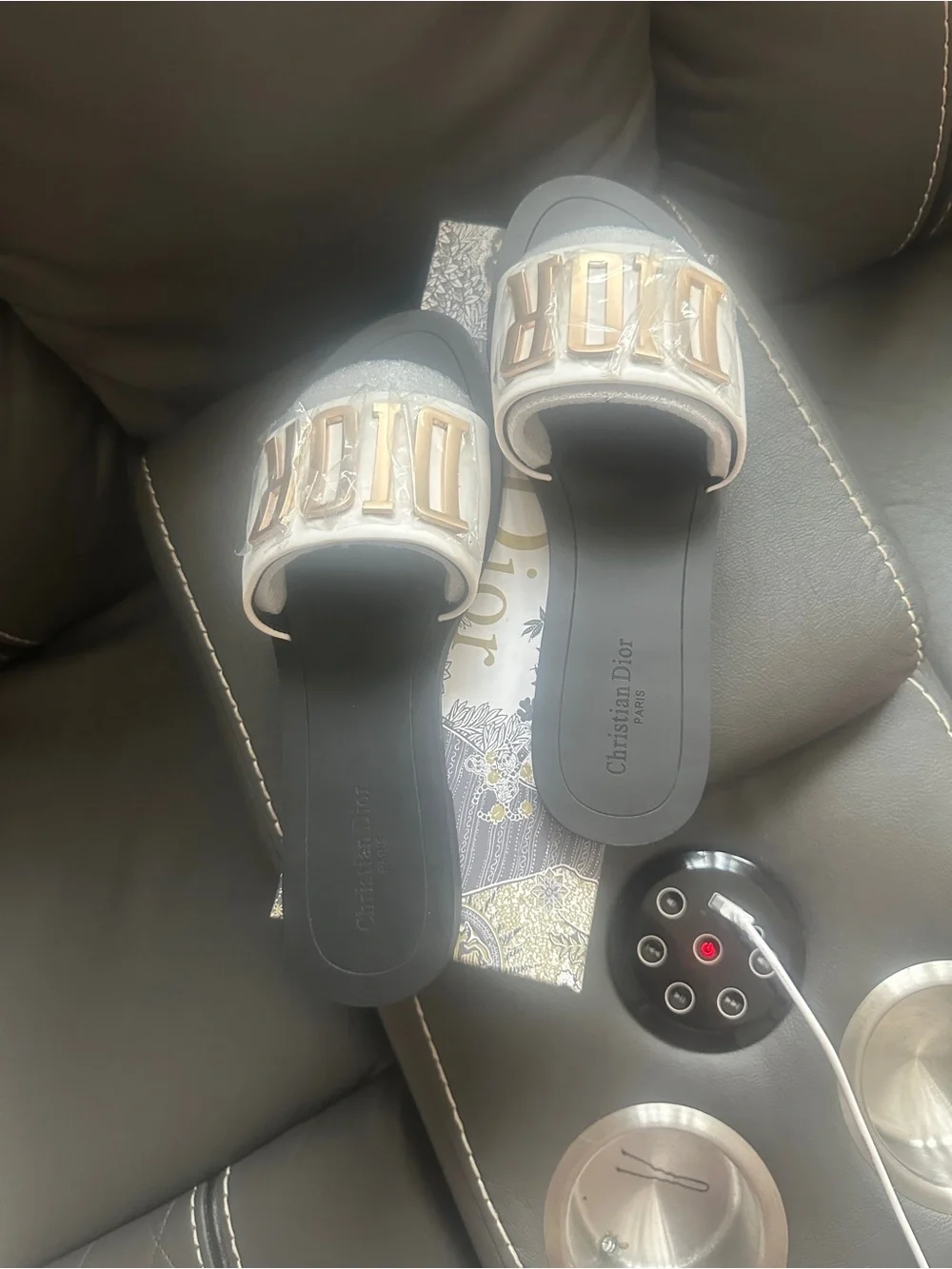 White and Gold Logo Kids Slide Sandals